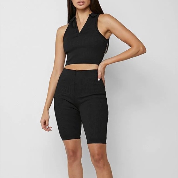 Ribbed Cycling Short & Polo Crop Top - Picture 1 of 7